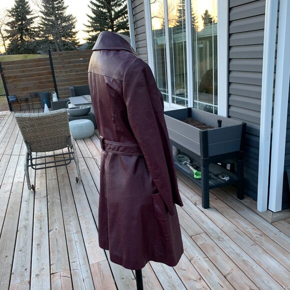 Vintage Di Costa Leather Overcoat Trench Coat Small Burgundy Belted 60s - Picture 7 of 16